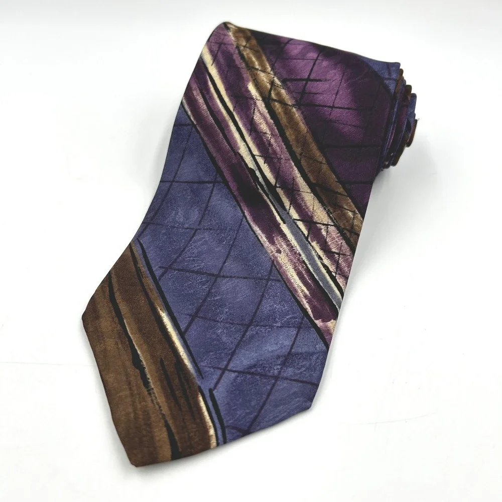 Oleg Cassini Necktie Purple Brown Mens Abstract Geometric Striped EUC 54 x 4 in